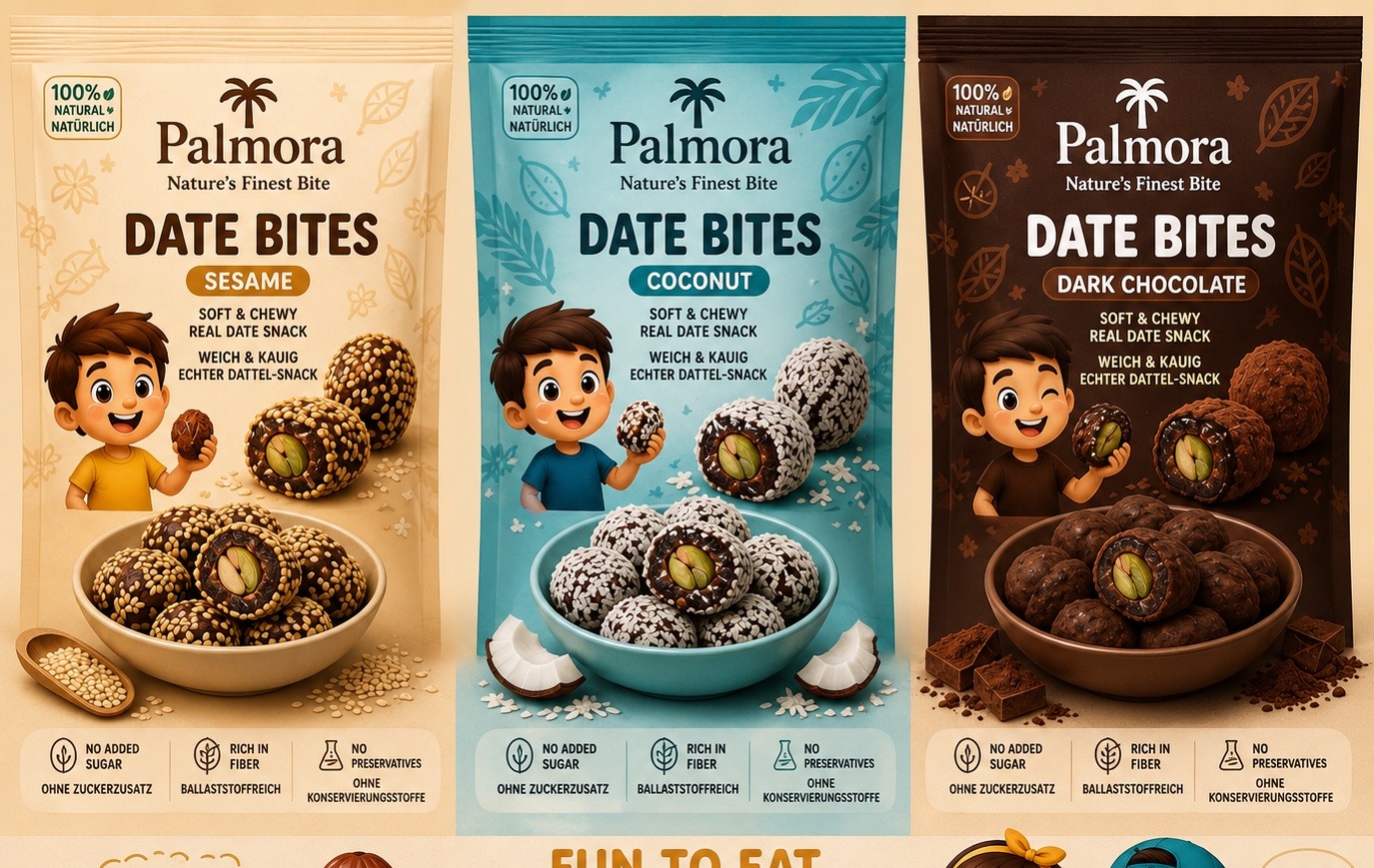 Palmora Date Bites Sesame, Coconut and Dark Chocolate pouches